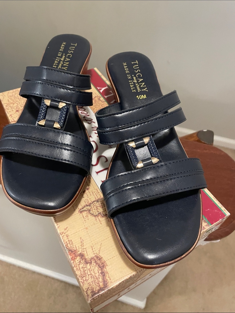 Dark blue  Leather Slip-On Wedge Sandals with Gold Accent